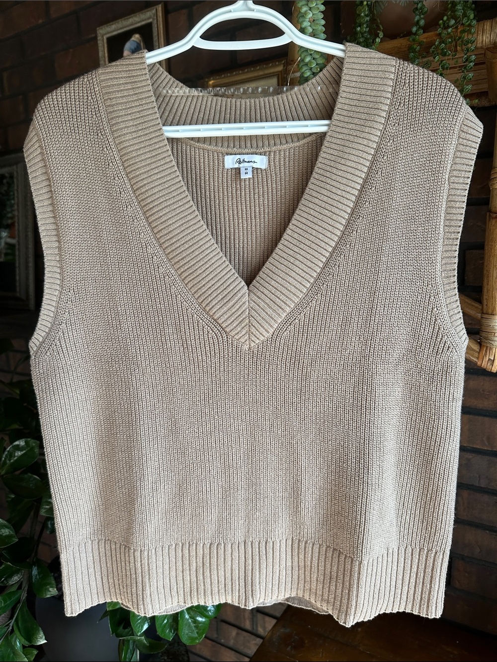 Tan V-Neck Sleeveless Knit Sweater Vest